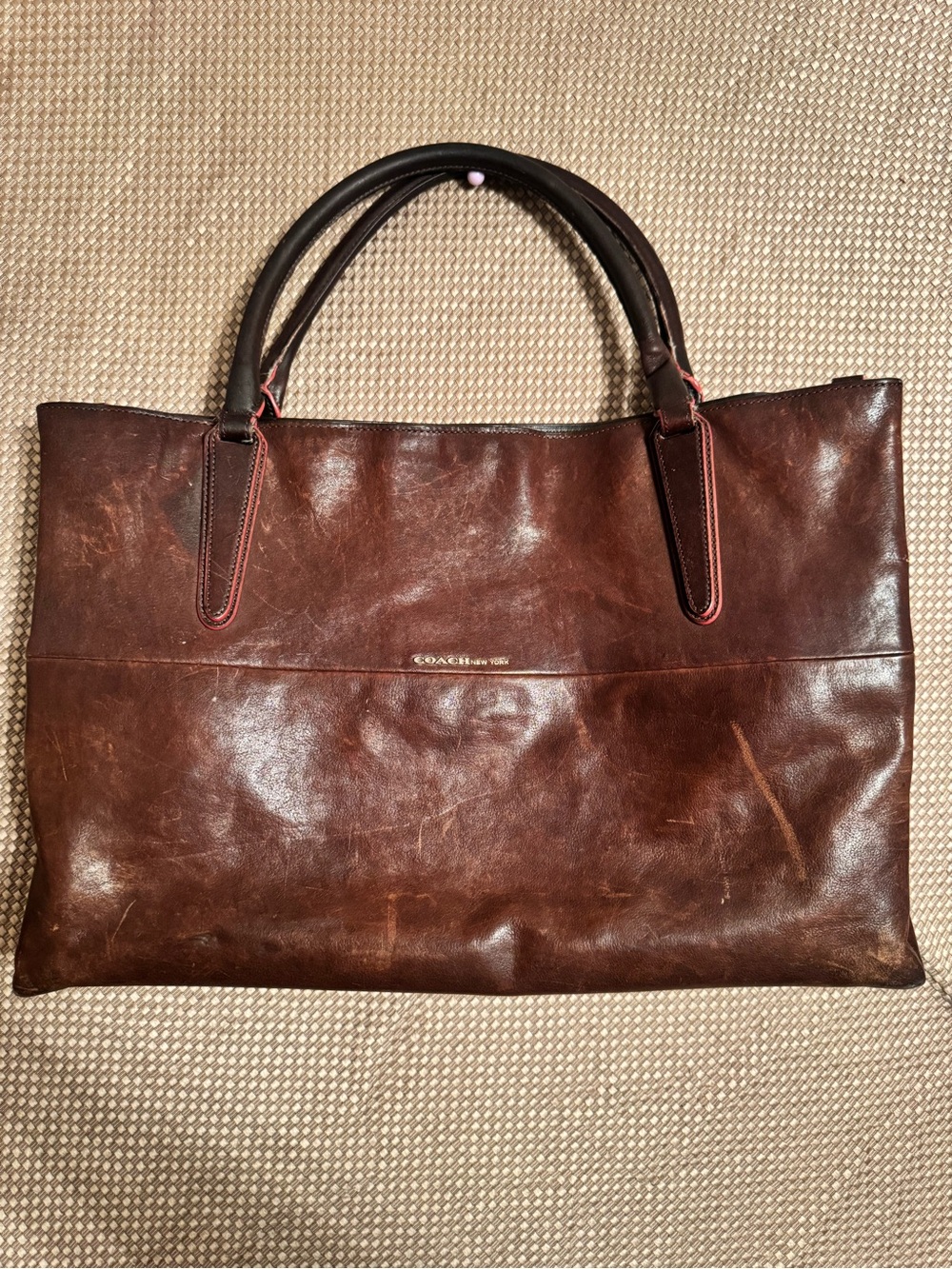 Coach New York Brown Leather Borough Tote with Pink Edge Paint (Style #32301)
